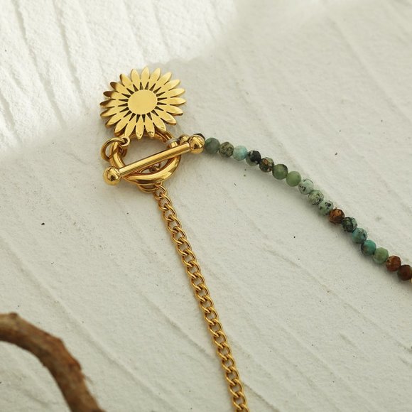 Boho-Chic McKENZIE Necklace - Natural Blue Stone & Gold - Ornate Sun Pendant - Picture 6 of 8